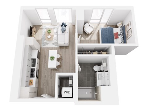 A white interior of a house with a kitchen, living room, and bathroom.